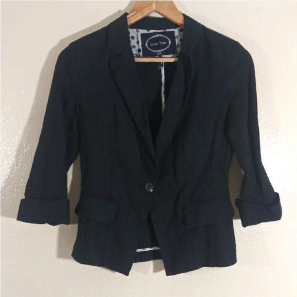 Love Tree Single Button Black Linen Blazer